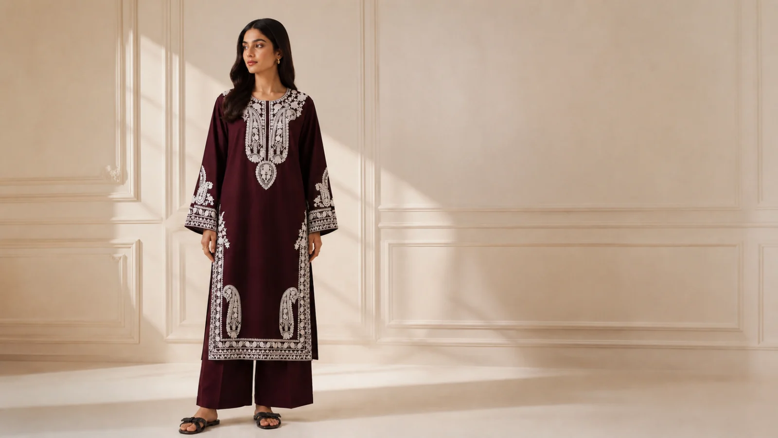 Burgundy Malai Lawn embroidered two-piece