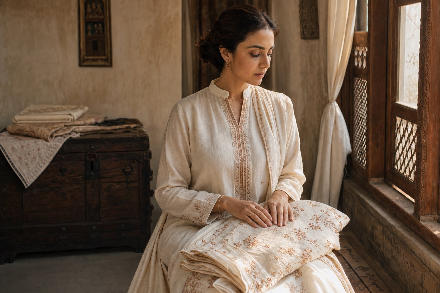 Pakistani artisan and designer holding embroidered heritage fabric