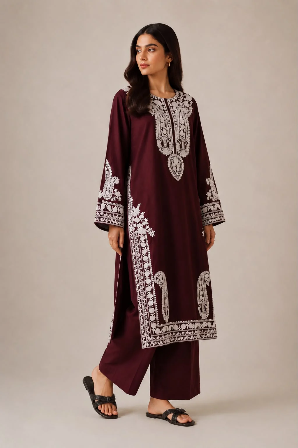 Burgundy embroidered Malai Lawn two-piece outfit angled view