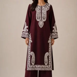 Burgundy embroidered Malai Lawn two-piece outfit front view