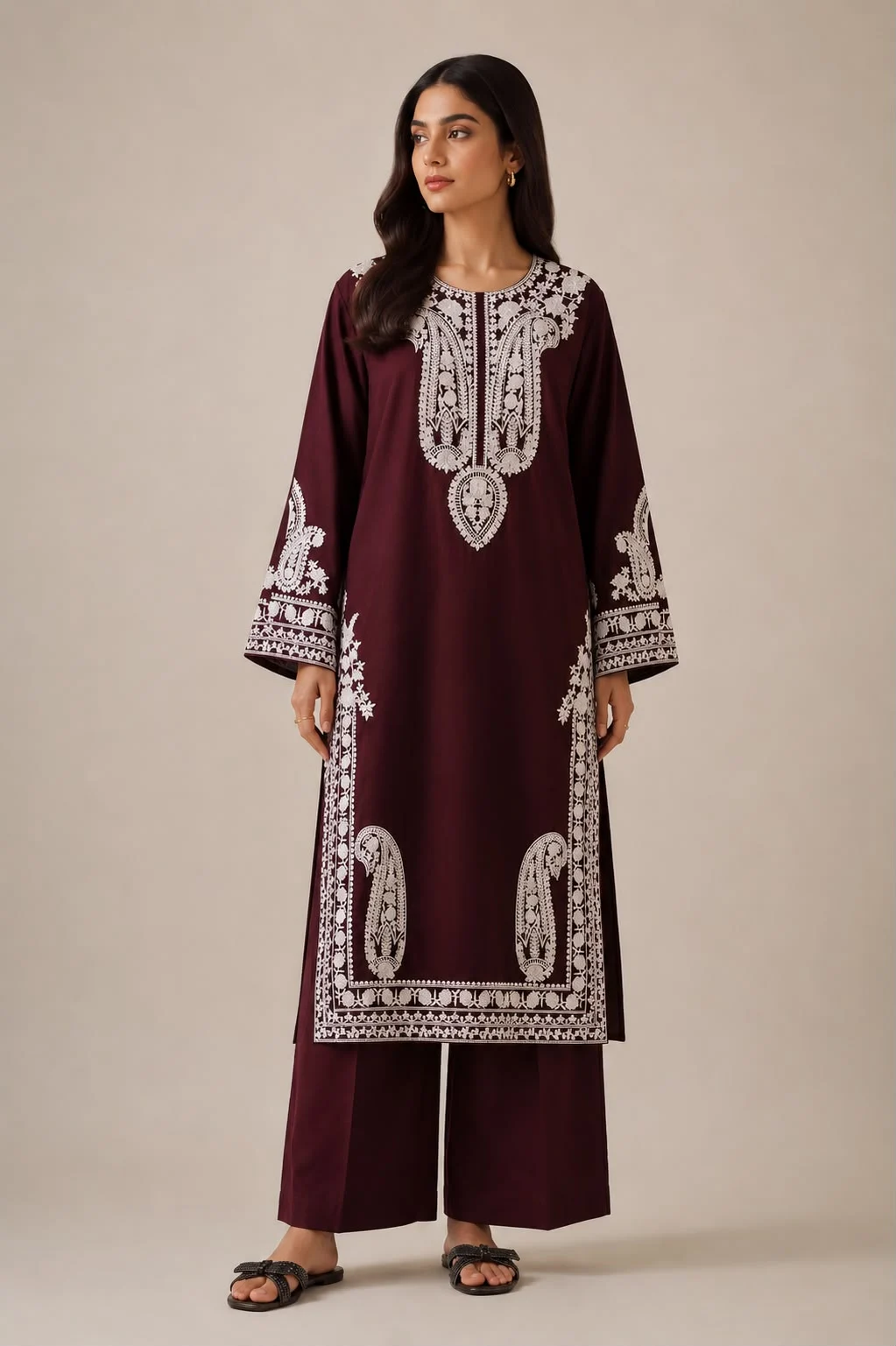 Burgundy embroidered Malai Lawn two-piece outfit front view