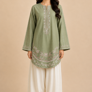 Olive Embroidered Round-Hem Kurta Set