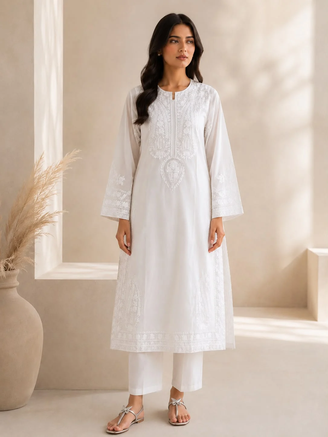 White Embroidered Lawn 2-Piece Suit – Front